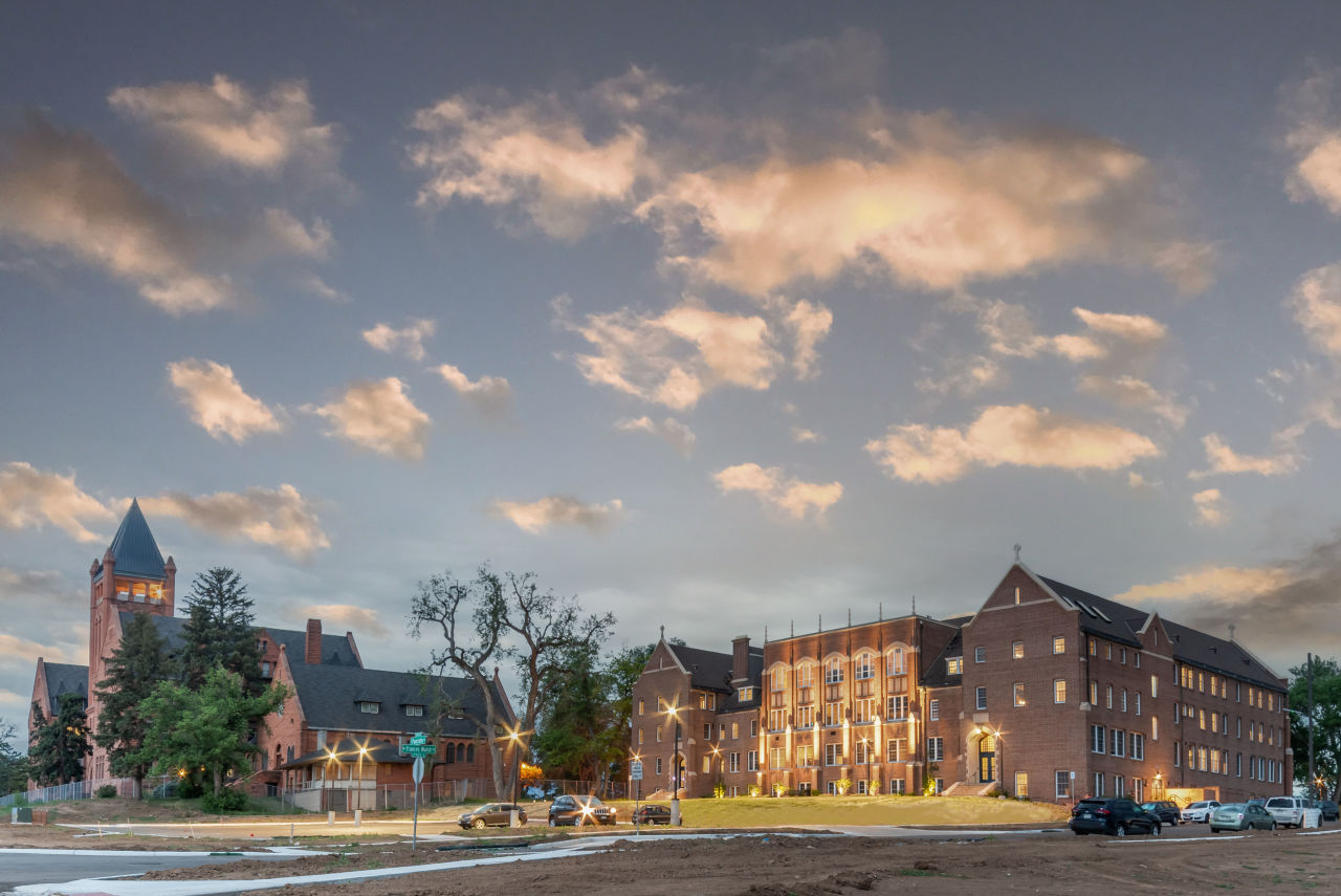 Pancratia Hall, Photo of exterior from NE with Admin Bldg-TheUnfoundDoor (July 2022)